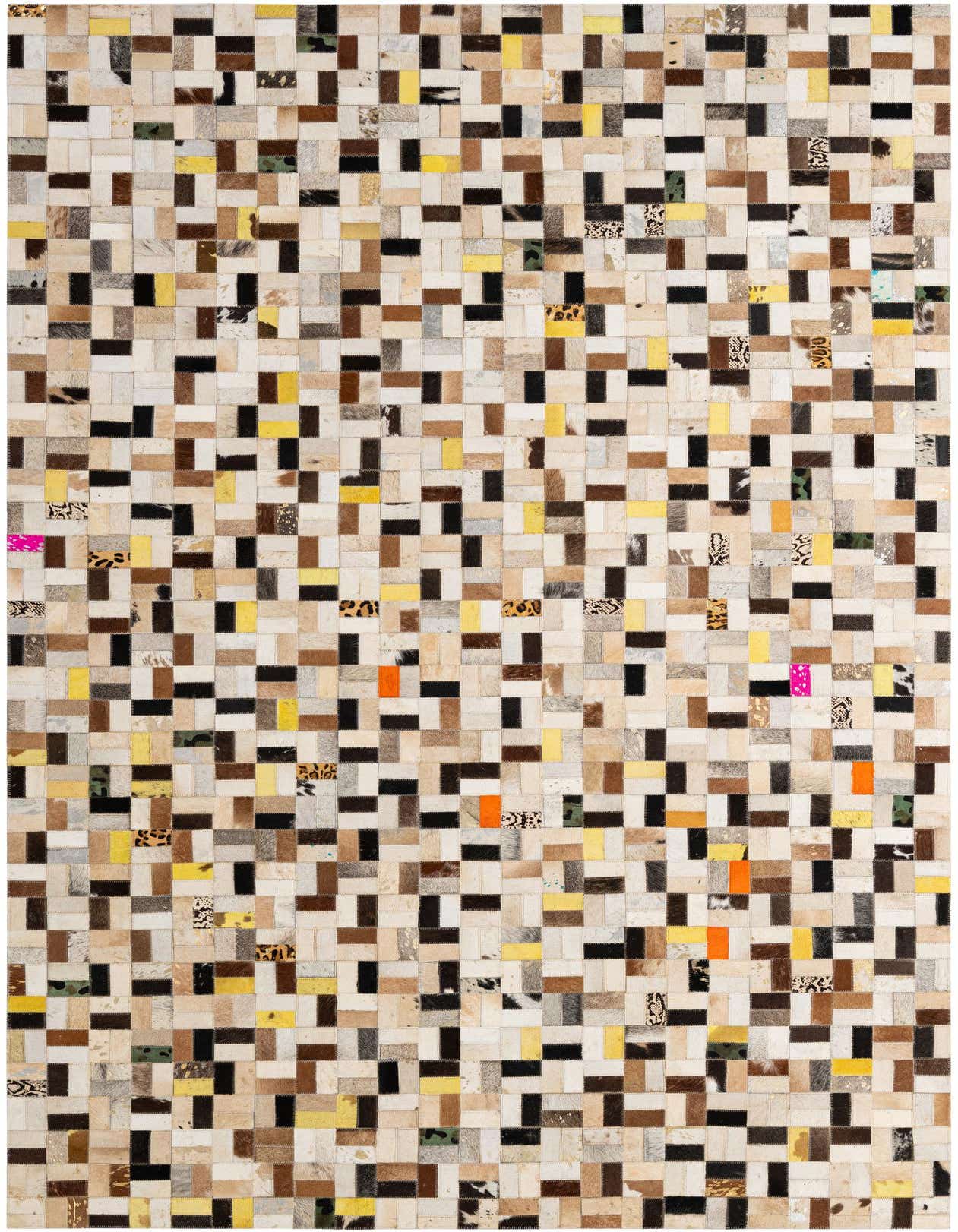 A rectangular 5x8 multi-colored cowhide patchwork rug with a modern pattern, featuring various natural hide tones, black, yellow, and occasional bright pink or orange accents.