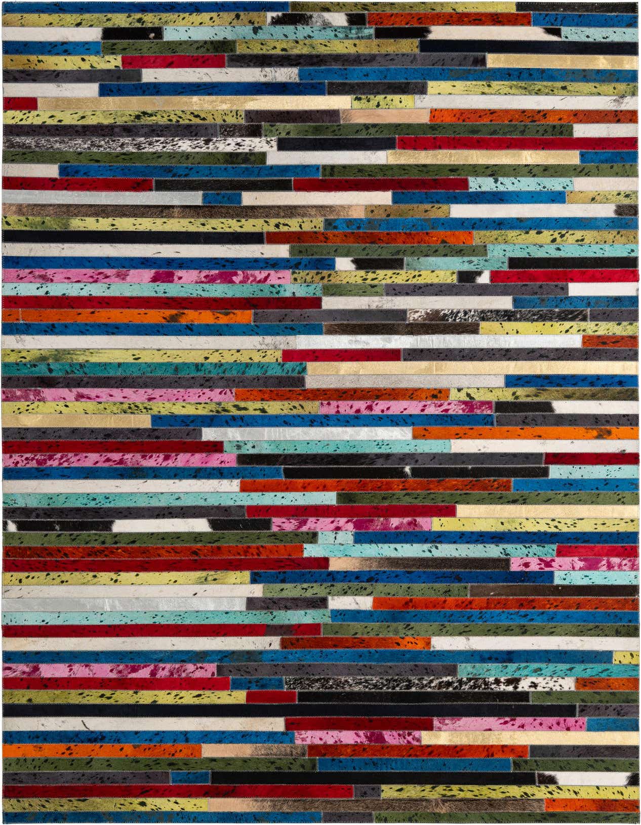 A 5x8 rectangular Cowhide - Patchwork rug featuring a modern stripe pattern with multi-colored leather and cowhide strips.