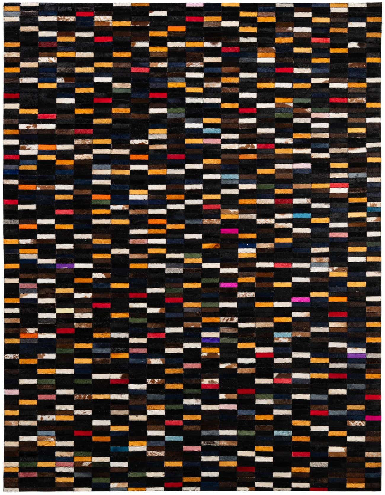 A 5x8 rectangular Cowhide Patchwork rug featuring a modern stripe pattern with multi-colored rectangular patches on a dark background.