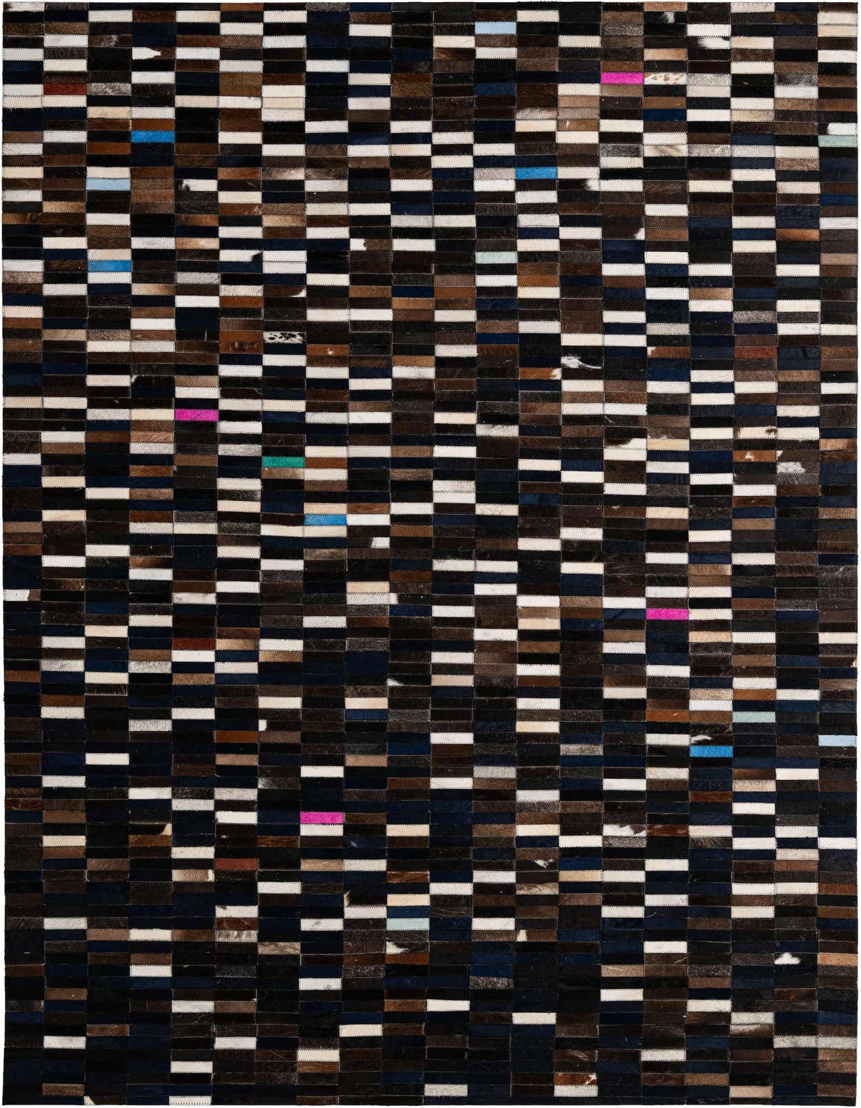 A 5x8 rectangular multi-colored cowhide rug featuring a modern stripe patchwork pattern with varying shades of brown, black, white, and subtle pops of blue and pink.