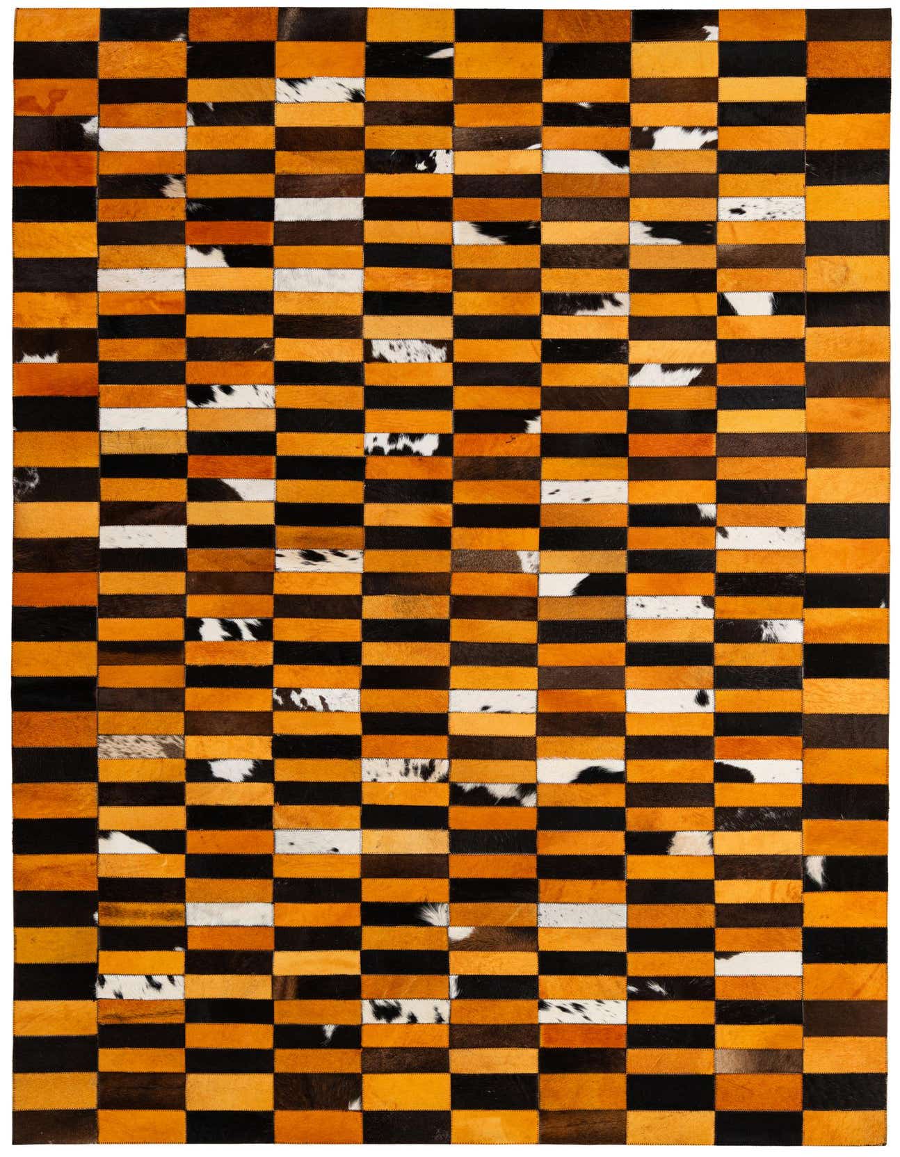 A 5x8 rectangular Cowhide Patchwork rug featuring a modern checkered pattern in multi-colored natural cowhide and leather.