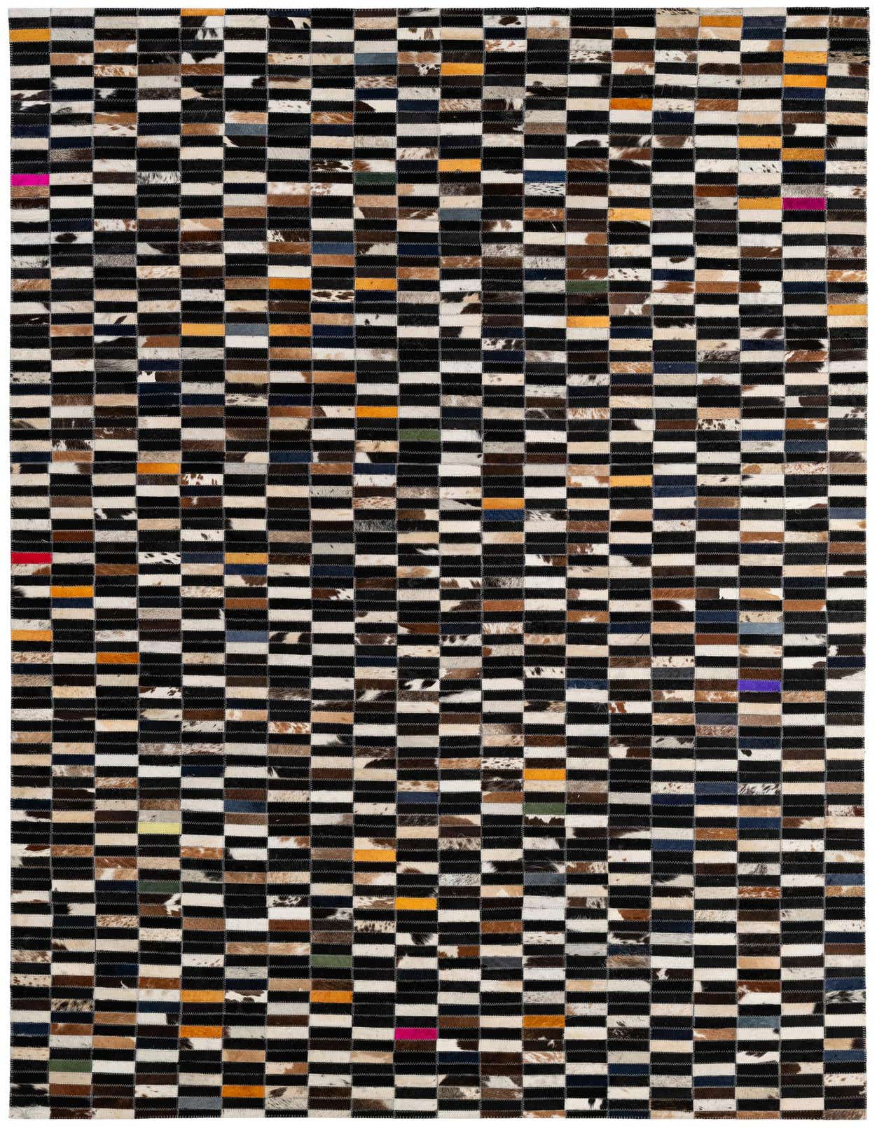 A rectangular 5x8 multi-colored cowhide patchwork rug with a modern stripe pattern, ideal for a living room.