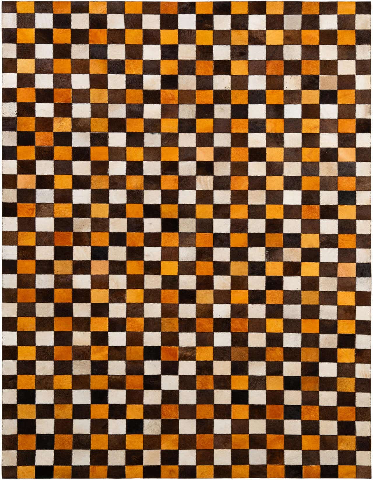 A 5x8 rectangular Cowhide Patchwork rug featuring a modern checkerboard pattern in varied shades of brown, orange, and white.