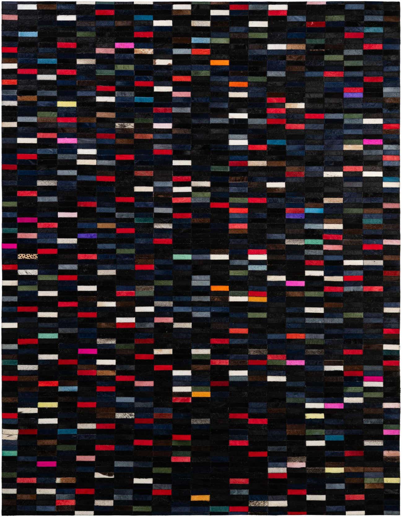 A 5x8 rectangular Cowhide Patchwork rug featuring a modern stripe pattern with multi-colored leather rectangles on a dark background.