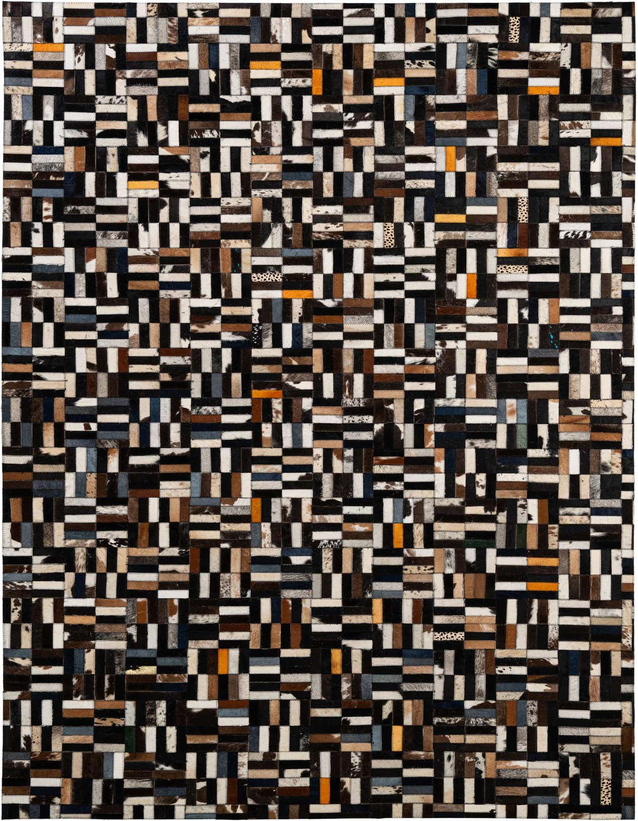 A 5x8 rectangular, multi-colored modern patchwork cowhide rug with various shades of brown, black, white, and orange leather pieces.