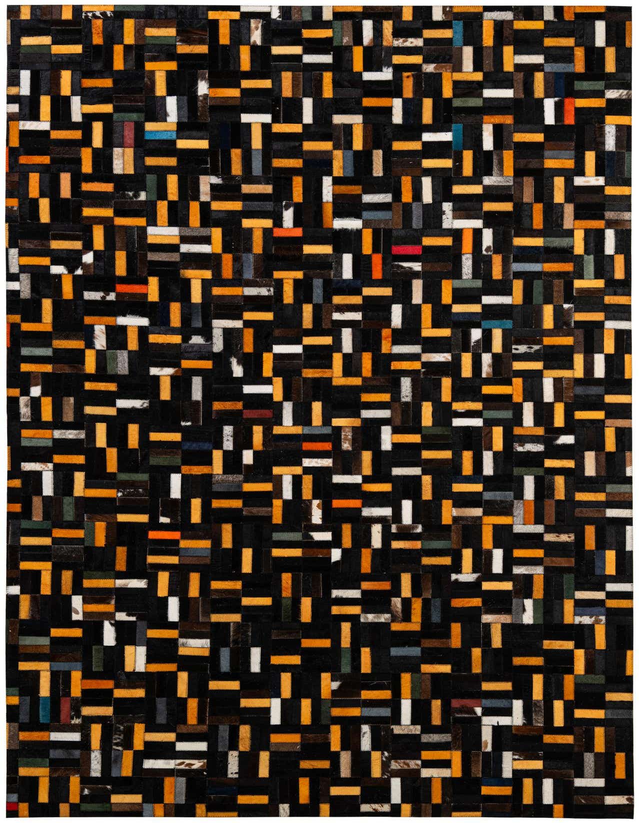 A 5x8 rectangular Cowhide Patchwork rug featuring a modern pattern of multi-colored rectangular leather and cowhide pieces, predominantly black, orange, and white.