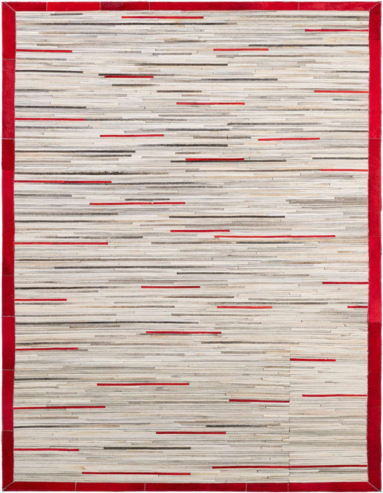 A 5x8 rectangular Cowhide Patchwork rug with a modern stripe pattern in multi-colored tones and a bold red border.