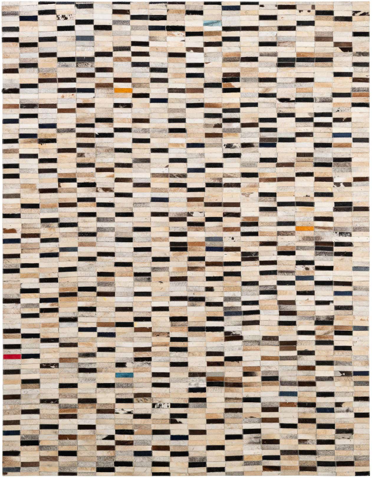 A 5x8 rectangular Cowhide - Patchwork rug featuring a modern stripe pattern in multi-colored natural cowhide and leather.