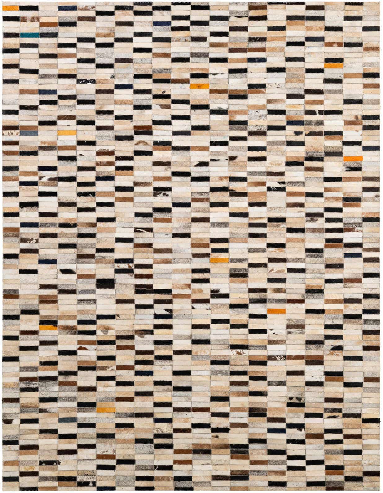 A 5x8 rectangular Cowhide Patchwork rug featuring a modern pattern of multi-colored natural cowhide squares and black leather strips.