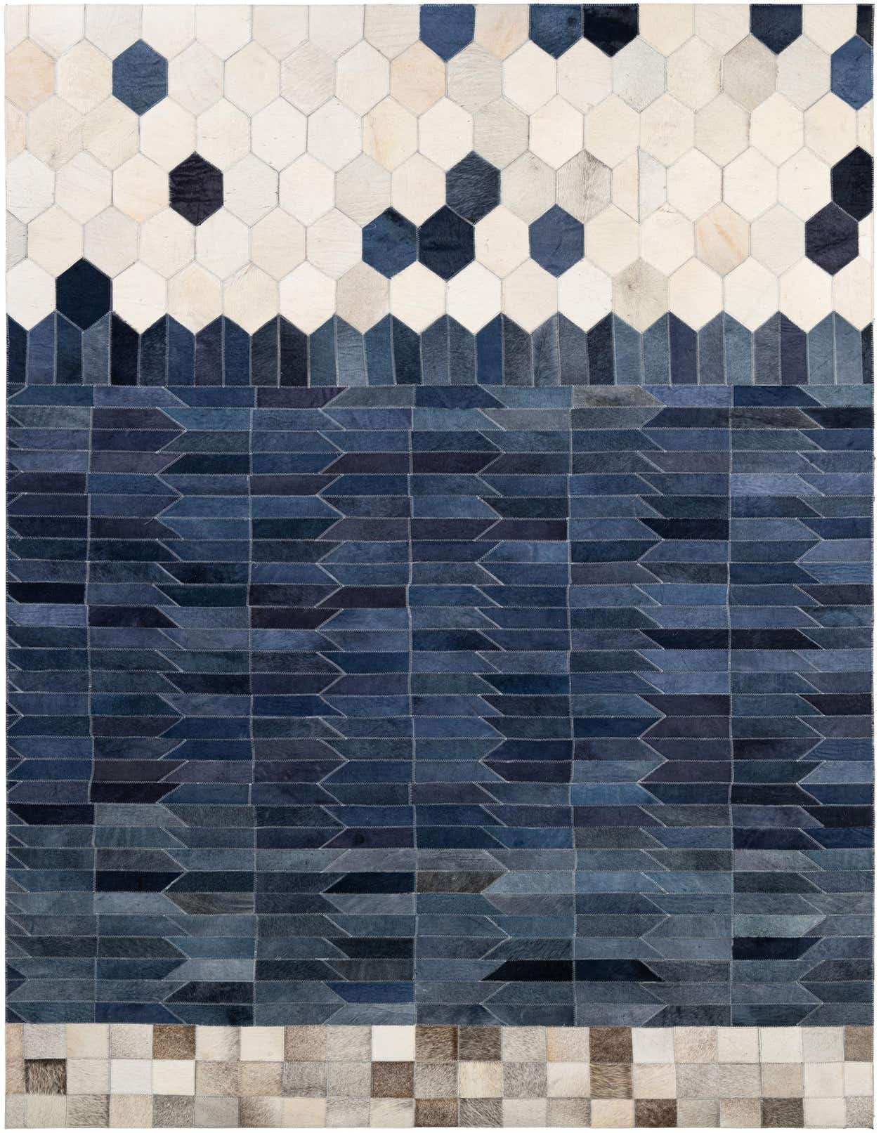 A 5x8 rectangular Cowhide - Patchwork rug featuring a modern geometric pattern in shades of blue, white, and brown.