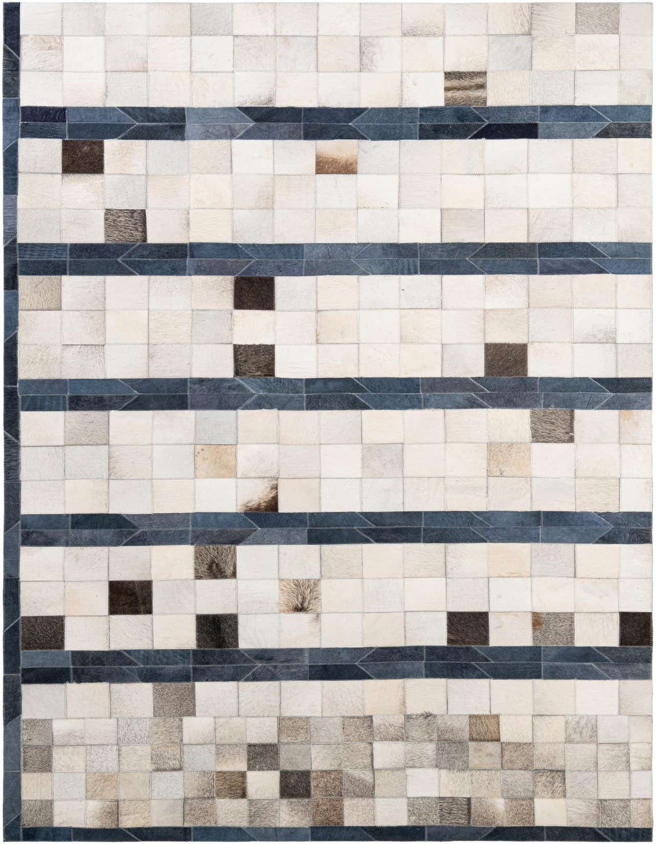 A 5x8 rectangular modern patchwork cowhide rug featuring white, brown, and blue squares with horizontal blue striped accents.