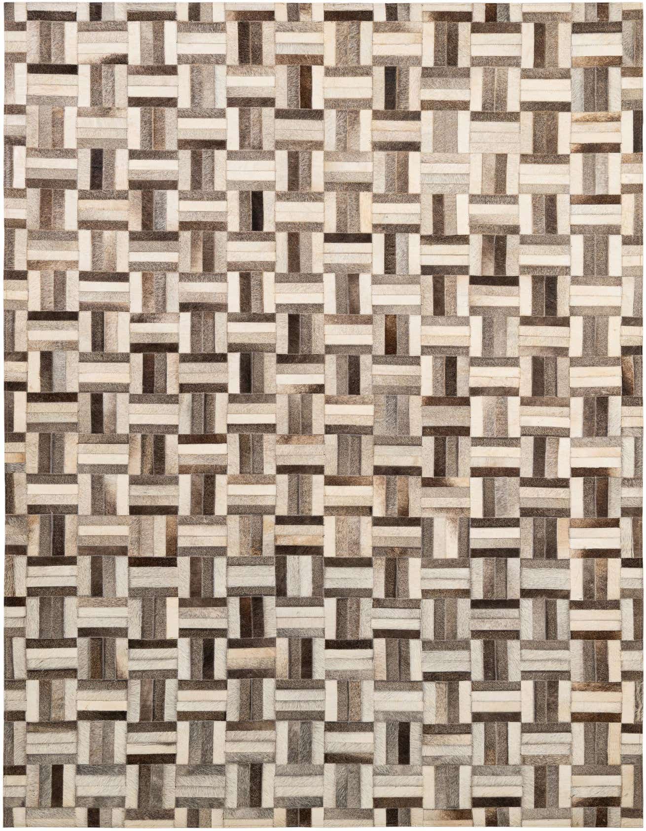 A 5x8 rectangular Cowhide - Patchwork rug featuring a modern geometric pattern in various shades of brown, grey, and cream.