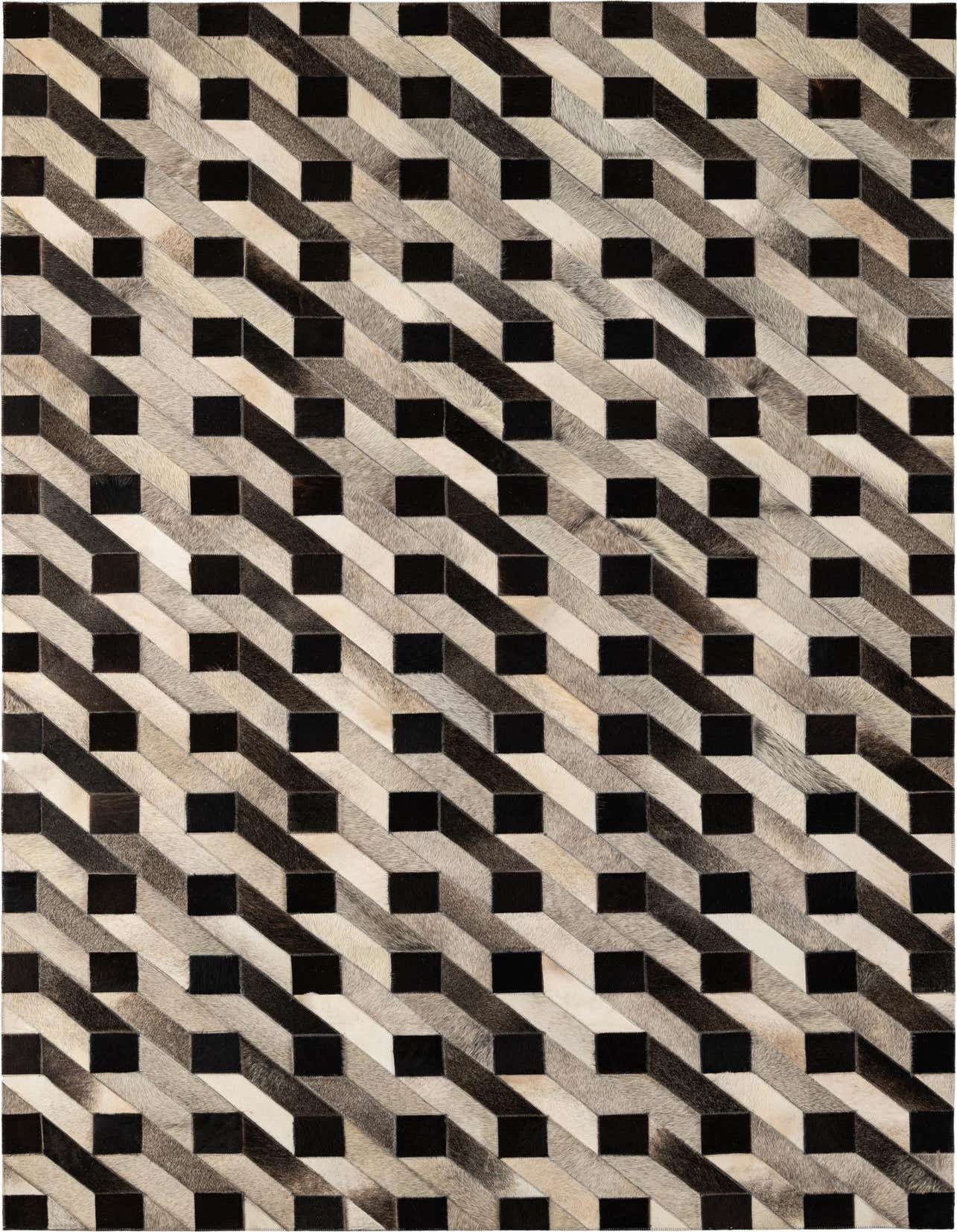 A 5x8 rectangular Cowhide Patchwork rug with a modern 3D geometric pattern in black, white, and grey tones.