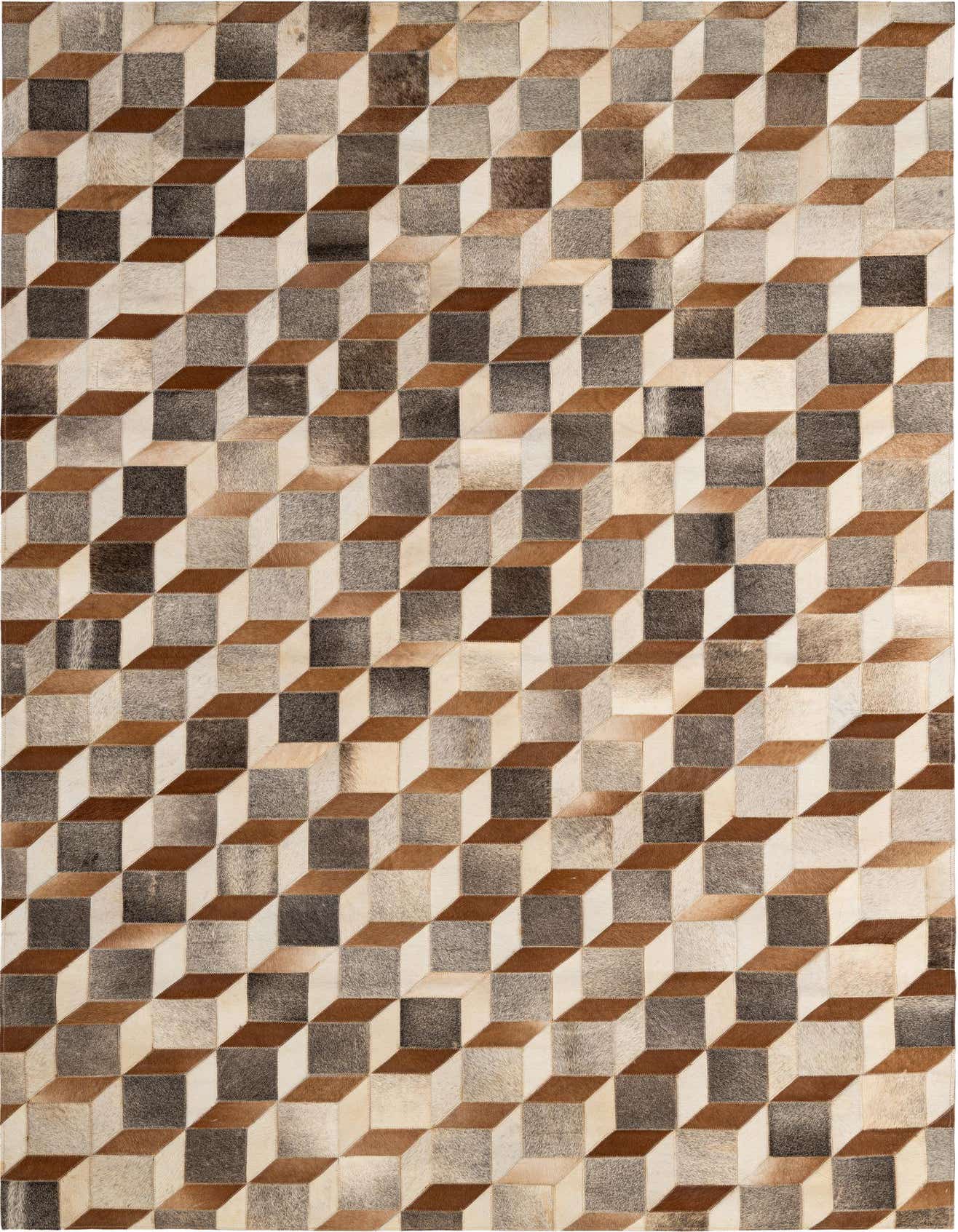 A 5x8 rectangular Cowhide Patchwork rug featuring a multi-colored modern geometric cube pattern in shades of brown, tan, and cream.