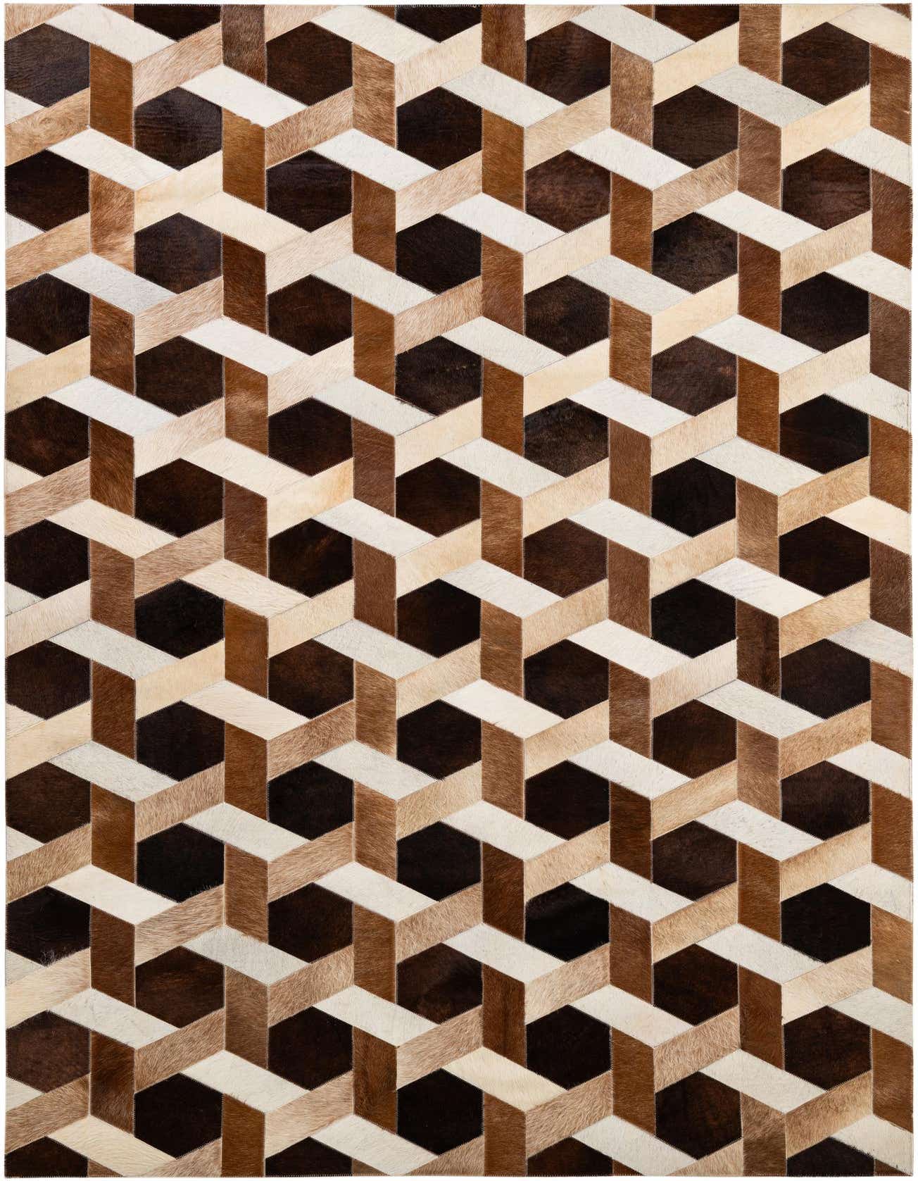 A 5x8 rectangular cowhide rug with a modern geometric pattern in shades of brown, black, and cream.