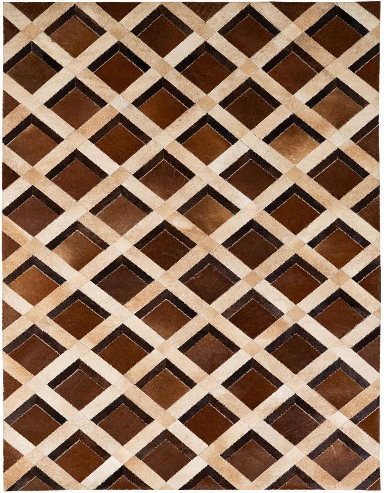 A 5x8 rectangular Cowhide Patchwork rug featuring a modern geometric pattern of multi-colored brown and cream diamond shapes.