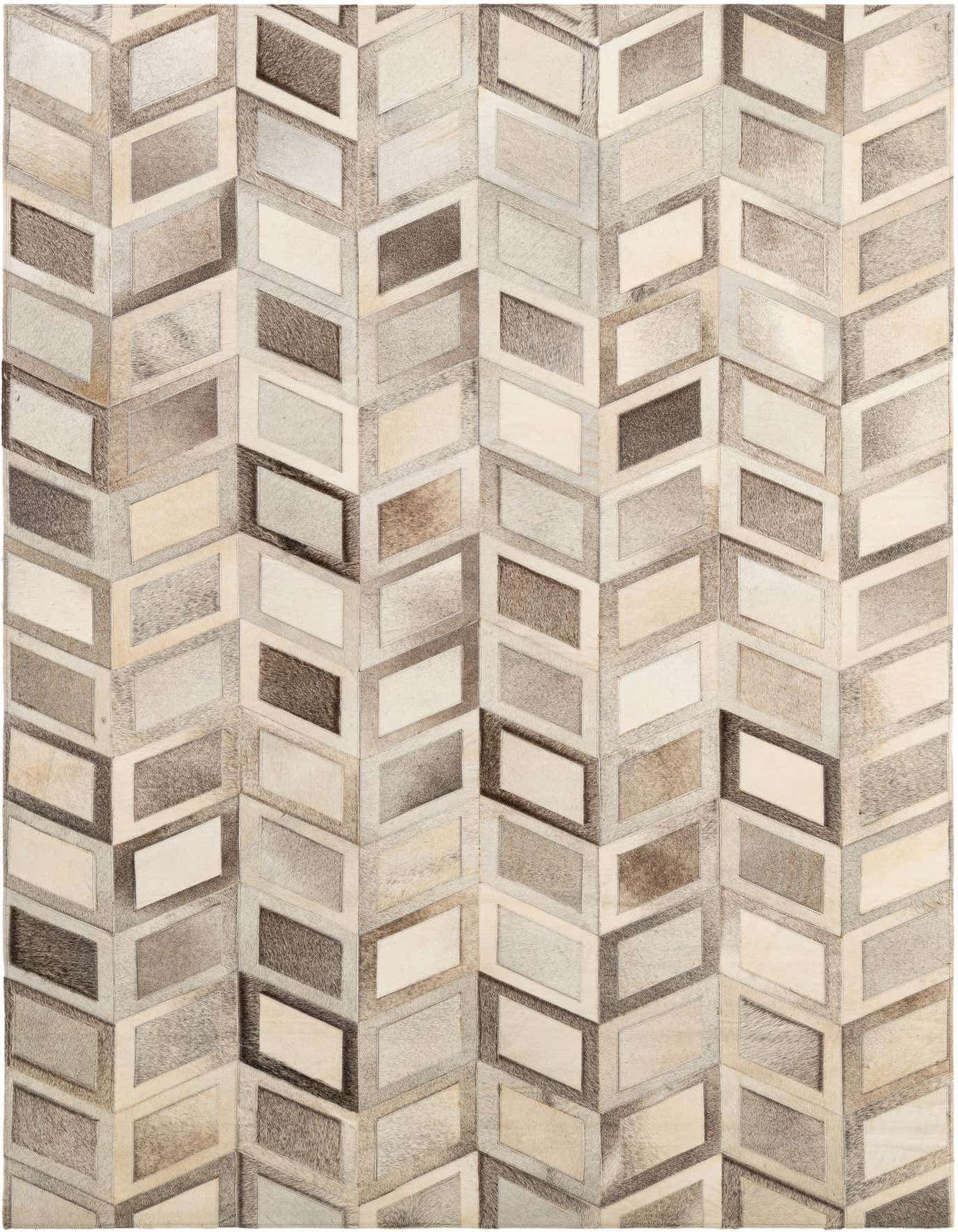 A 5x8 rectangular cowhide rug featuring a modern chevron pattern in various shades of brown, beige, and cream.