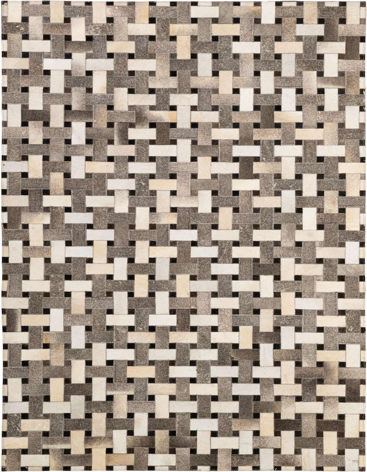 A 5x8 rectangular Cowhide Patchwork rug featuring a modern striped pattern in various shades of multi-colored cowhide and leather.