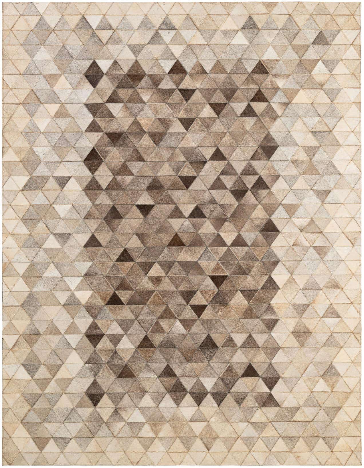 A 5x8 rectangular Cowhide Patchwork rug featuring a modern geometric pattern of multi-colored triangular leather pieces in shades of brown, beige, and cream.