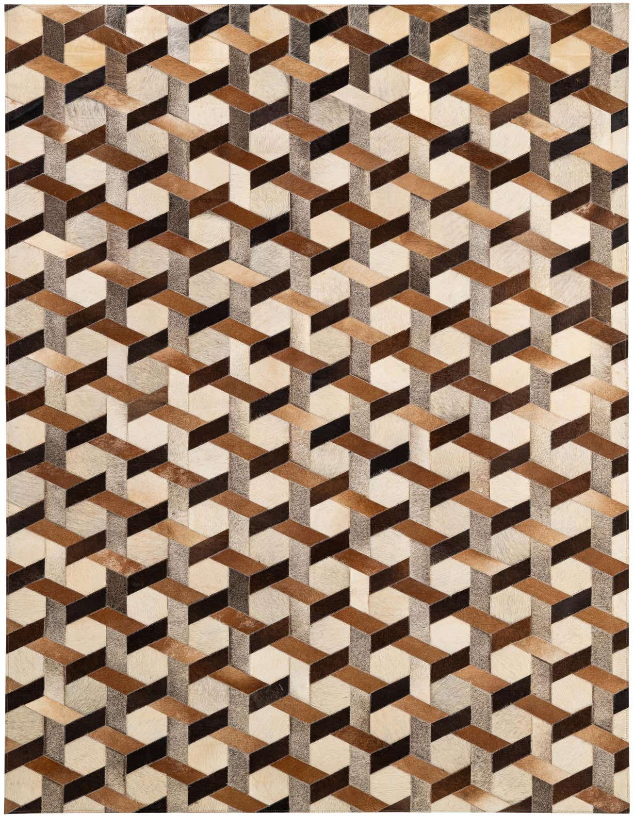 A 5x8 rectangular cowhide rug with a modern 3D geometric pattern in shades of brown, black, and cream.