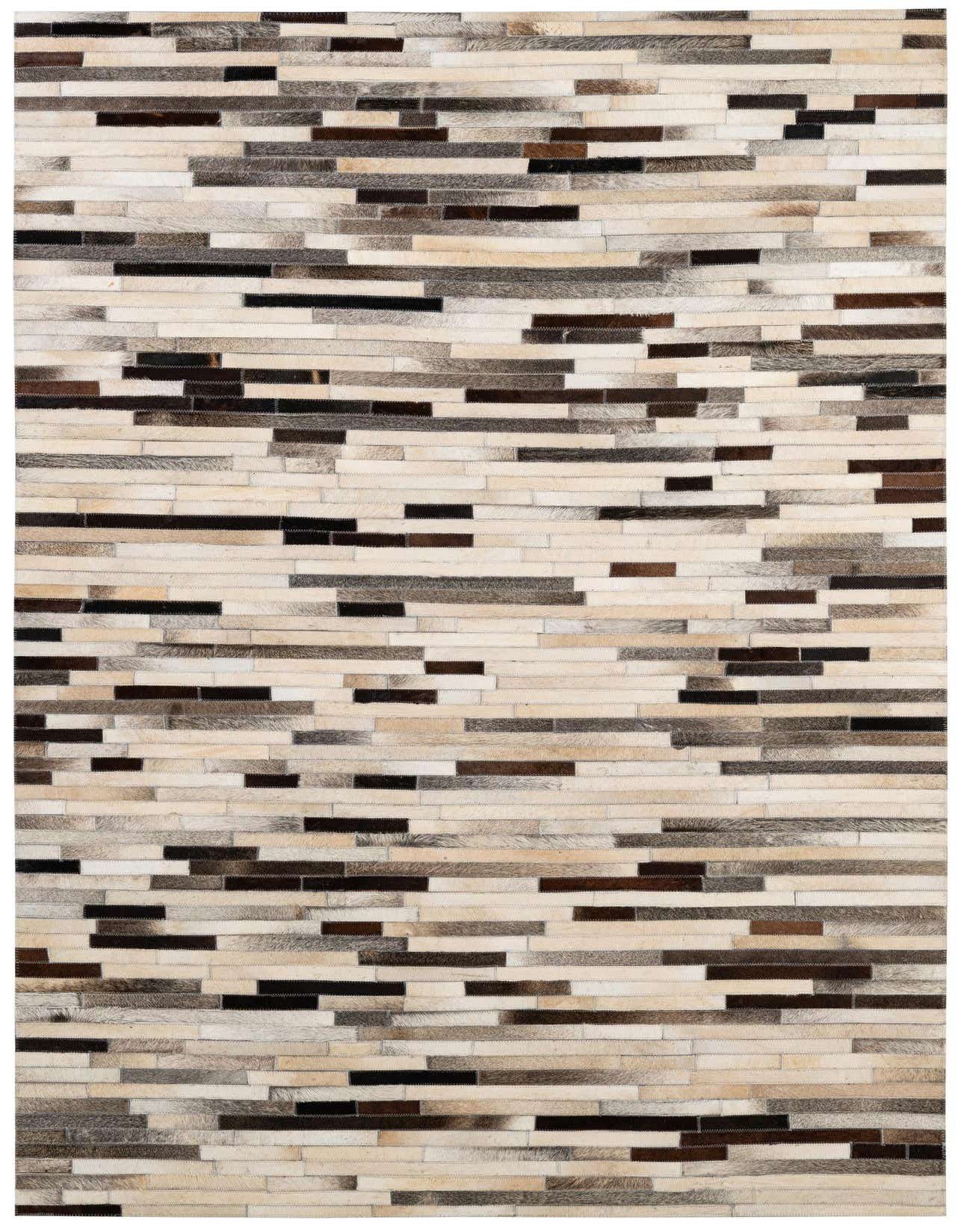 A 5x8 rectangular Cowhide - Patchwork rug featuring a modern stripe pattern in multi-colored natural tones.