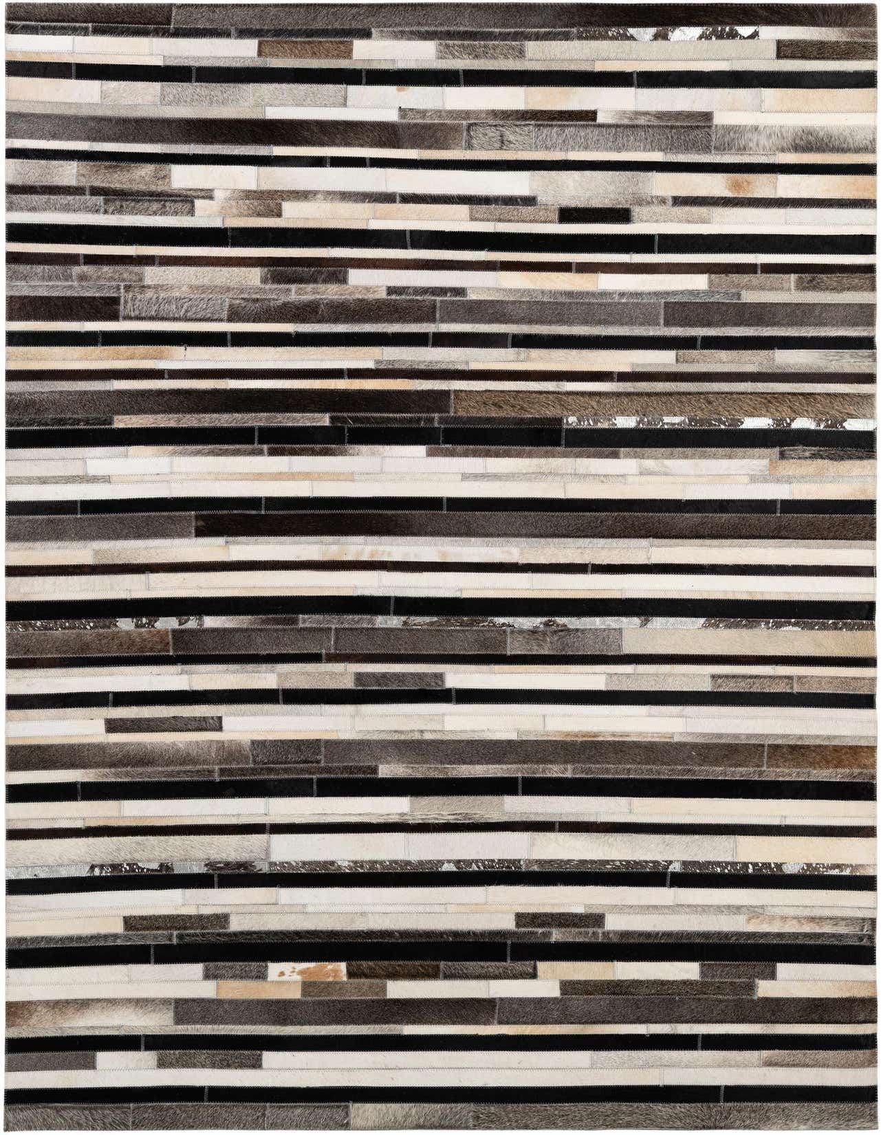 A 5x8 rectangular patchwork cowhide rug with horizontal stripes in varying shades of brown, black, and cream.