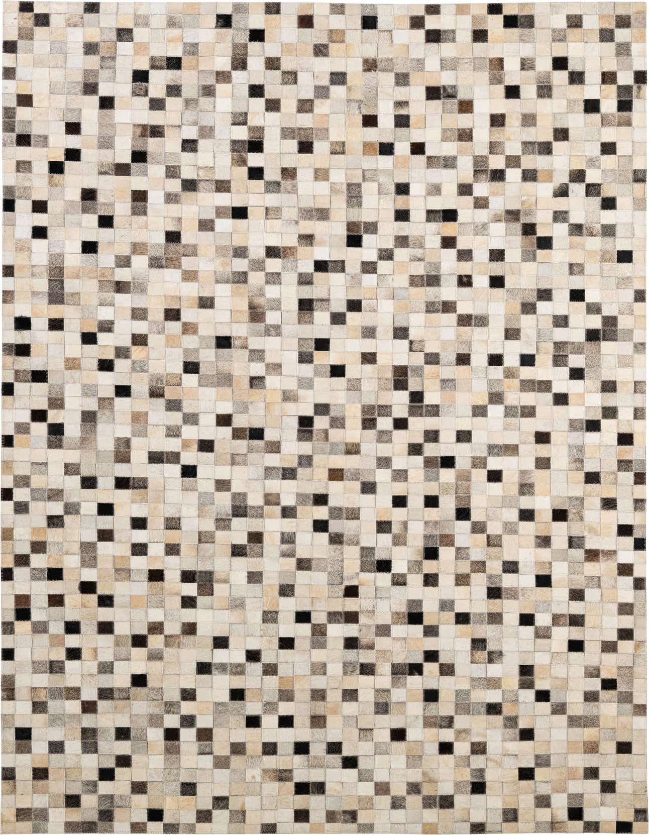 A rectangular 5x8 modern patchwork cowhide rug with multi-colored squares in varying shades of black, brown, and cream.