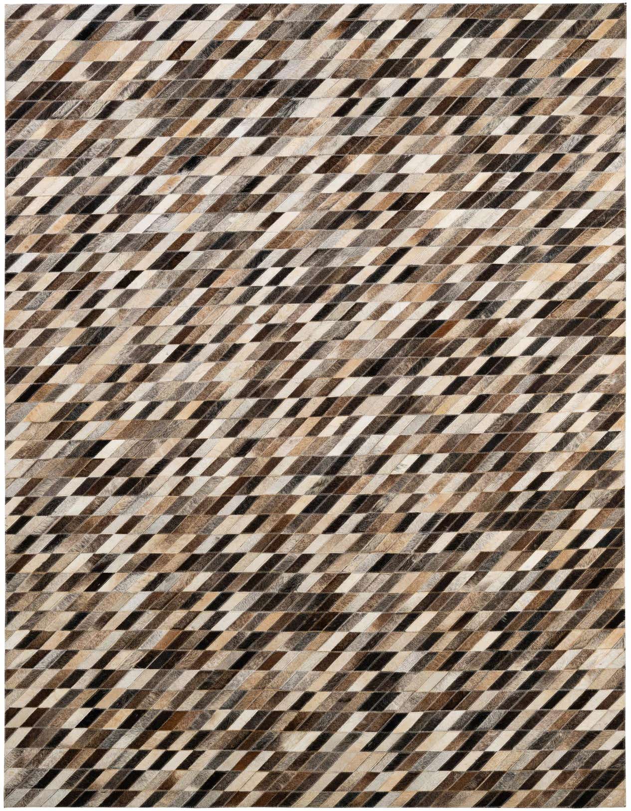 A 5x8 rectangular cowhide rug with a modern diagonal patchwork pattern in various shades of brown, black, and cream.