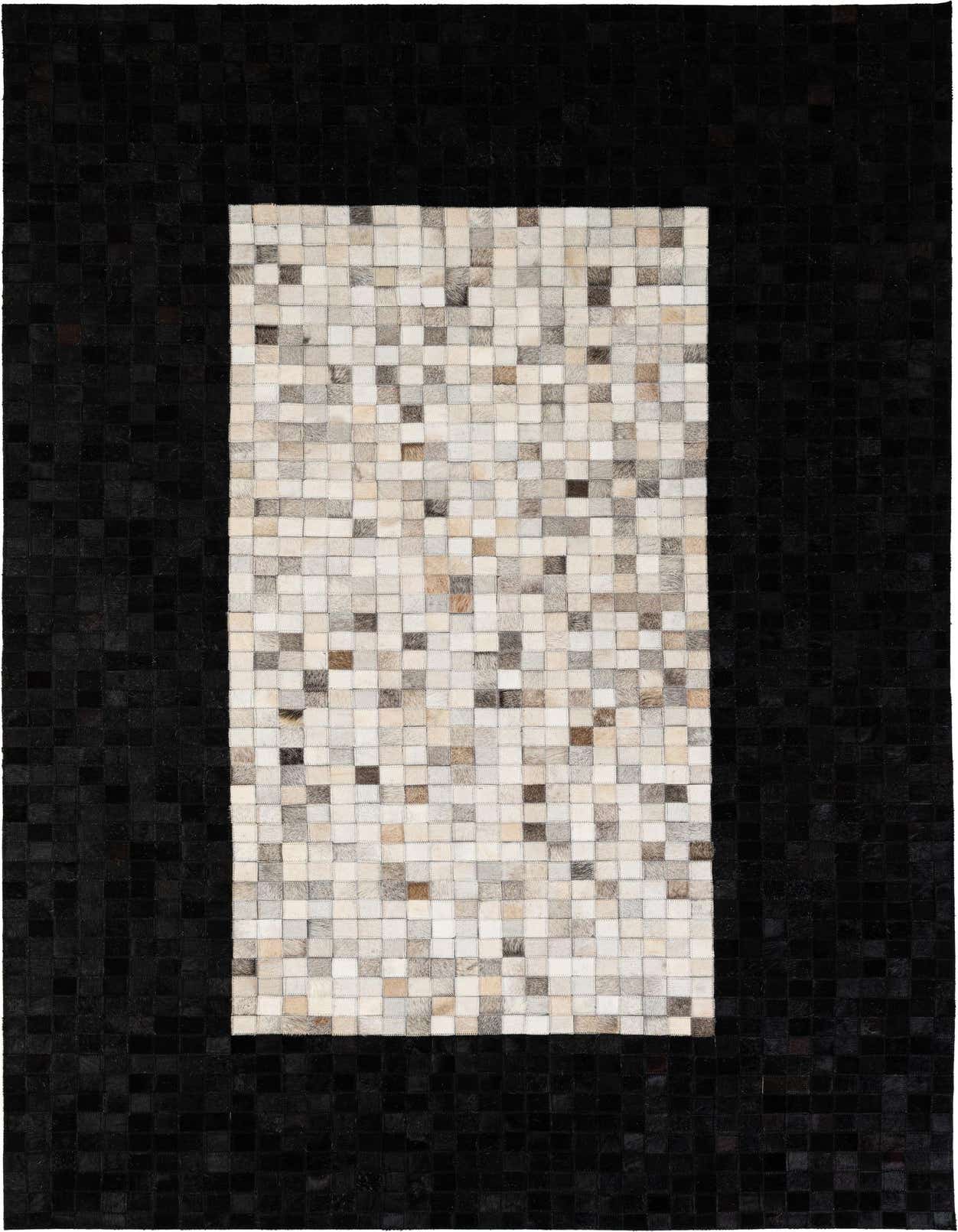 A 5x8 rectangular Cowhide Patchwork rug featuring a multi-colored pixelated center framed by a solid black border.