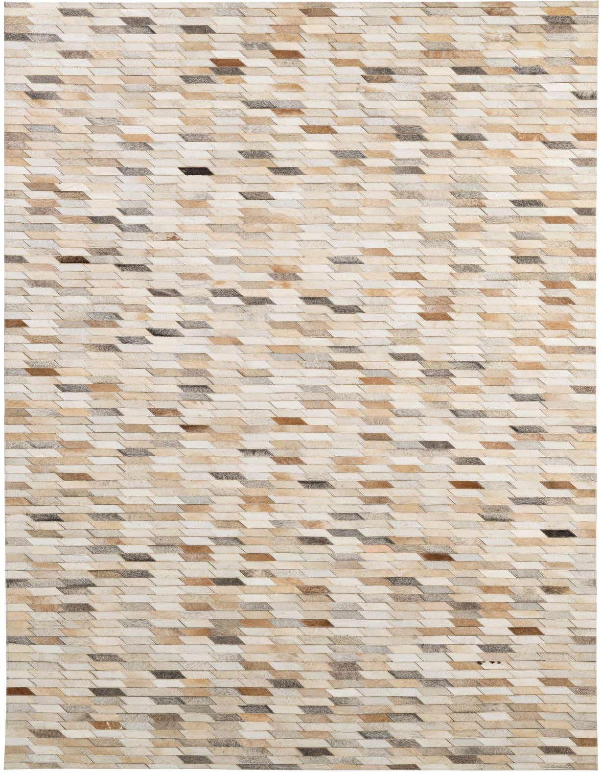 A rectangular 5x8 Cowhide Patchwork rug featuring a modern pattern of various natural hide shades including cream, beige, brown, and grey.