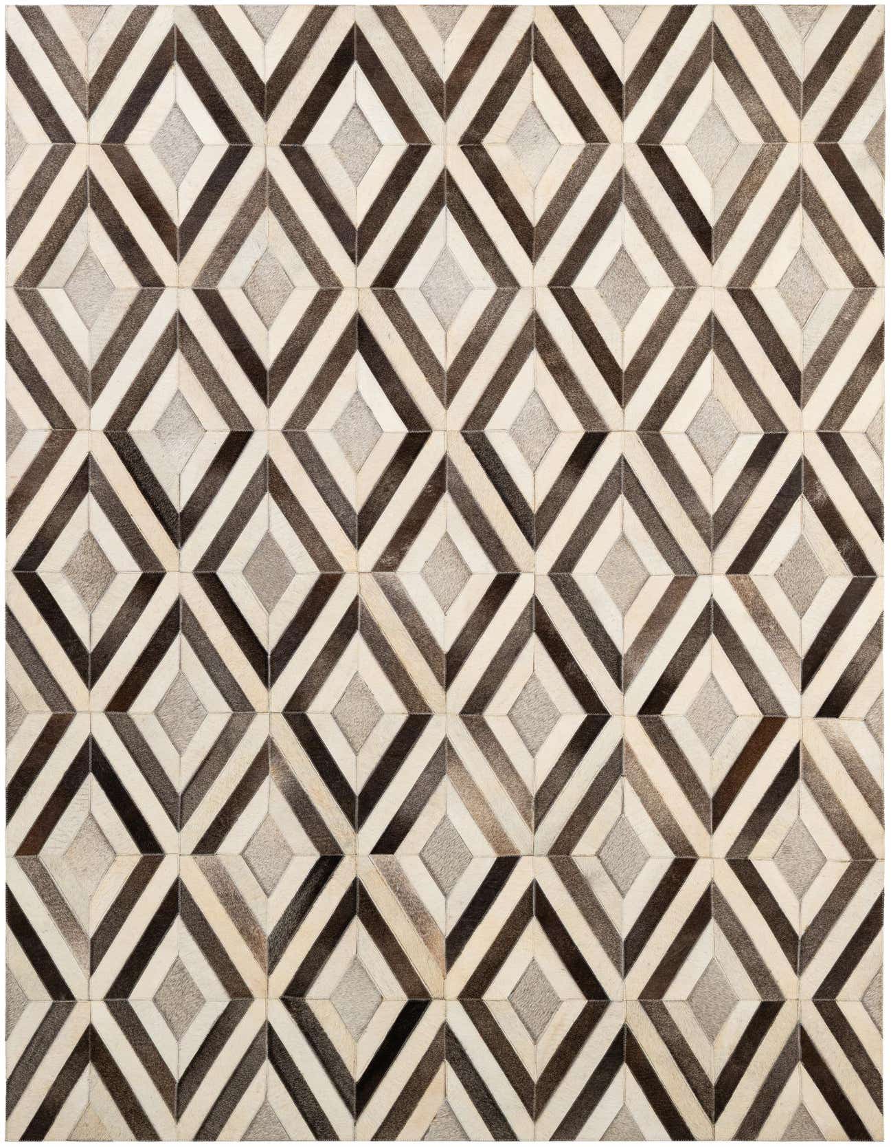 A 5x8 rectangular Cowhide - Patchwork rug featuring a modern geometric pattern of multi-colored diamonds in varying shades of brown, beige, and gray.