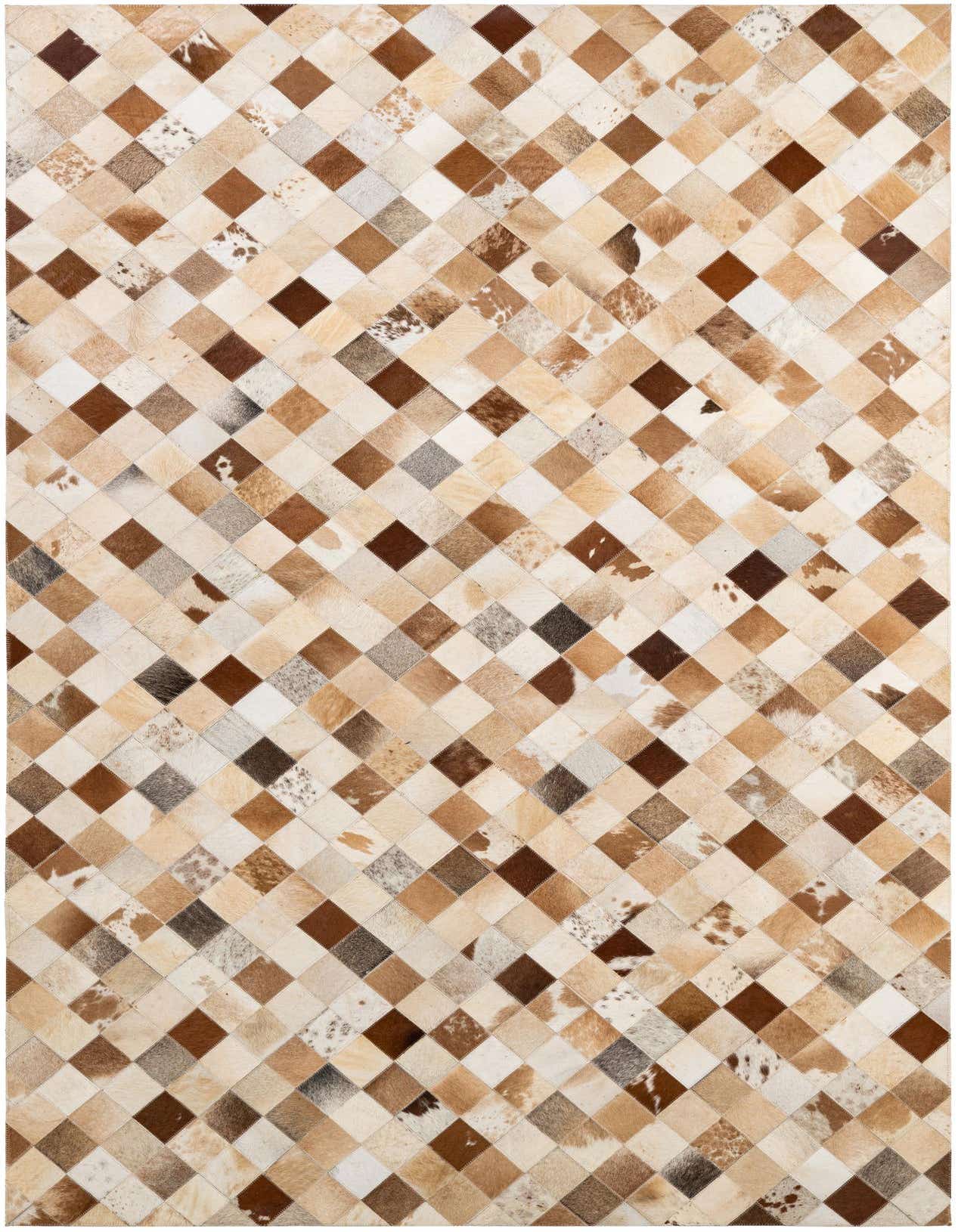 A 5x8 rectangular Cowhide Patchwork rug featuring a modern diamond pattern in various shades of brown, beige, and white.