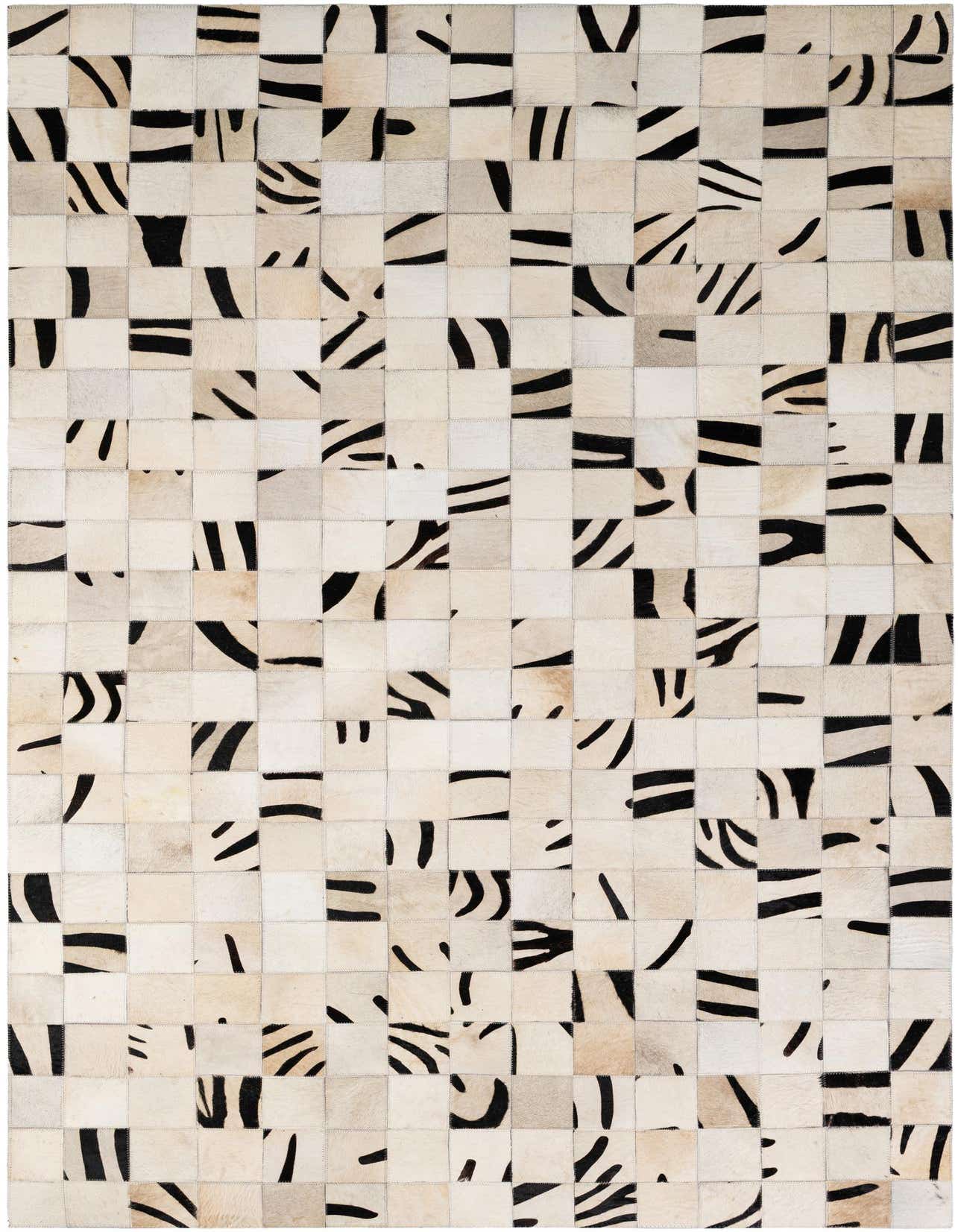 A 5x8 rectangular Cowhide Patchwork rug featuring a modern pattern of multi-colored squares with black abstract lines on a light background.