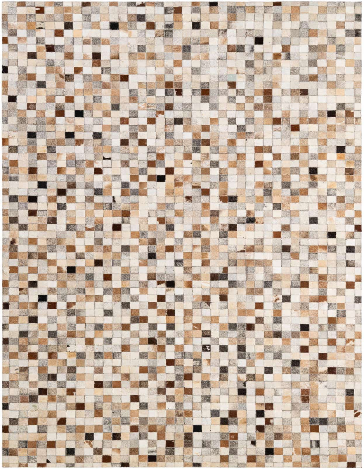 A 5x8 rectangular Cowhide Patchwork rug featuring a modern mosaic of multi-colored squares in natural brown, beige, cream, and black tones.