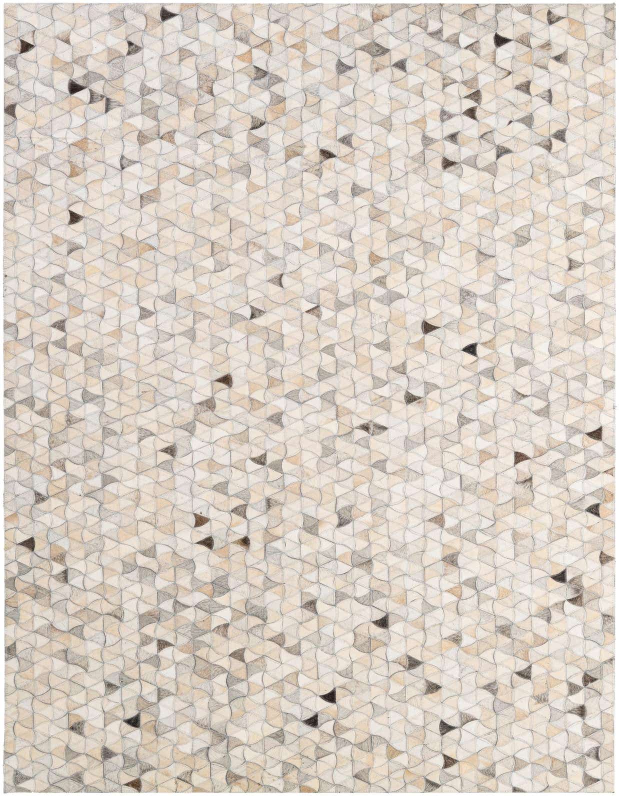 A 5x8 rectangular Cowhide - Patchwork rug featuring a modern geometric pattern in multi-colored natural cowhide and leather.