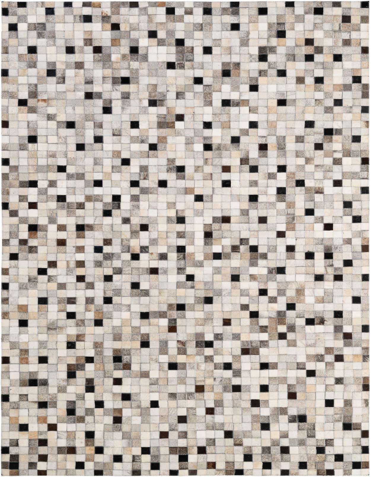 A 5x8 rectangular Cowhide Patchwork rug featuring a modern pattern of multi-colored squares in various shades of brown, black, and white.
