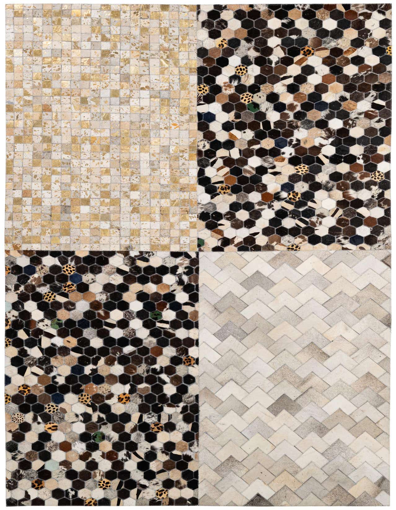 A 5x8 rectangular Cowhide & Leather rug featuring four distinct modern patchwork patterns in multi-colors.
