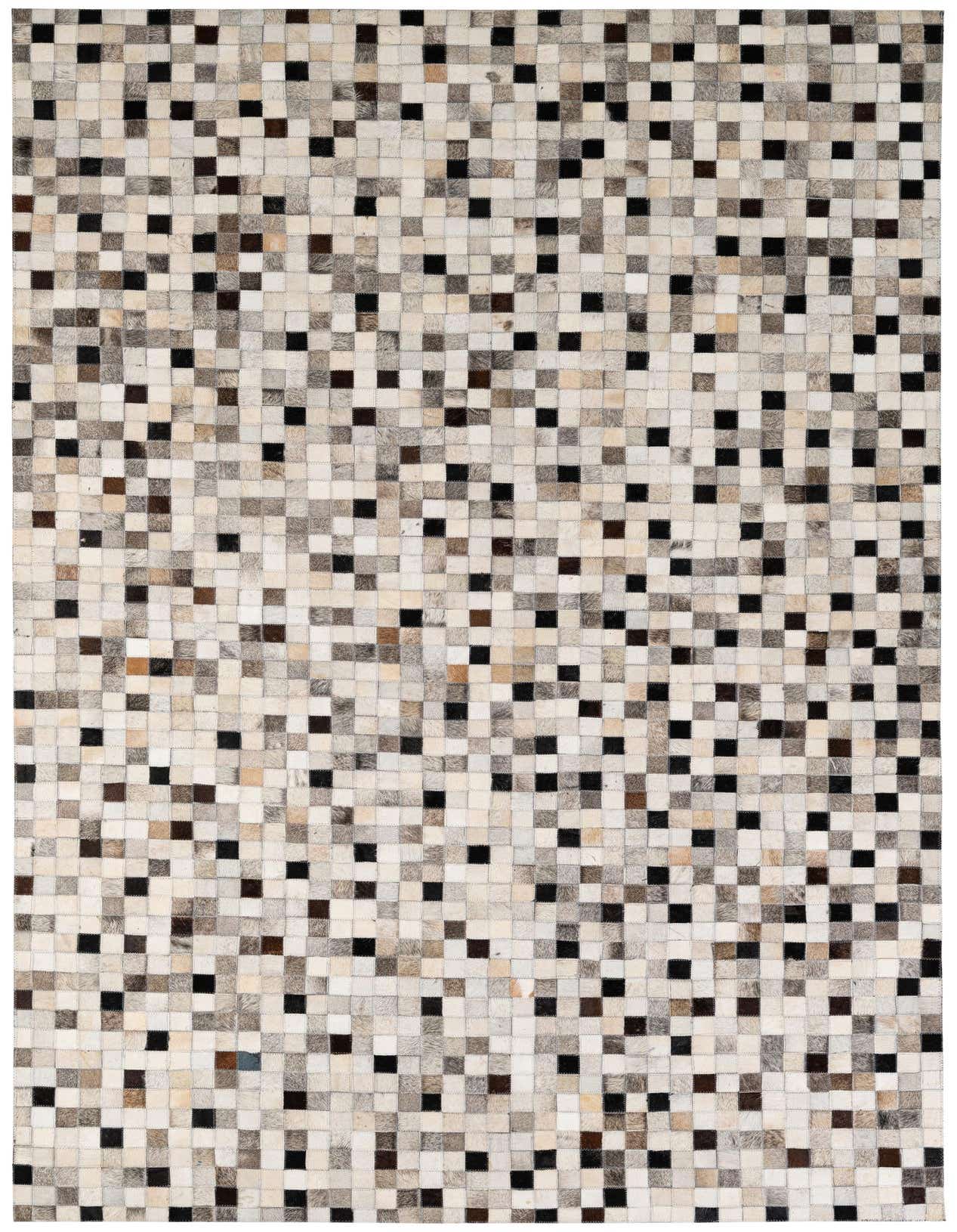 A 5x8 rectangular Cowhide Patchwork rug featuring a modern pattern of multi-colored squares in varying shades of black, brown, and cream.