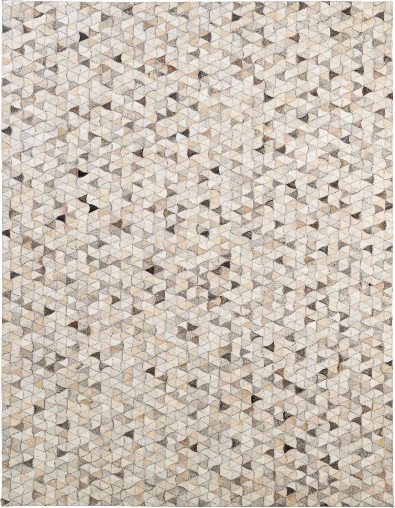 A 5x8 rectangular Cowhide Patchwork rug featuring a modern geometric pattern in multi-colored natural tones.