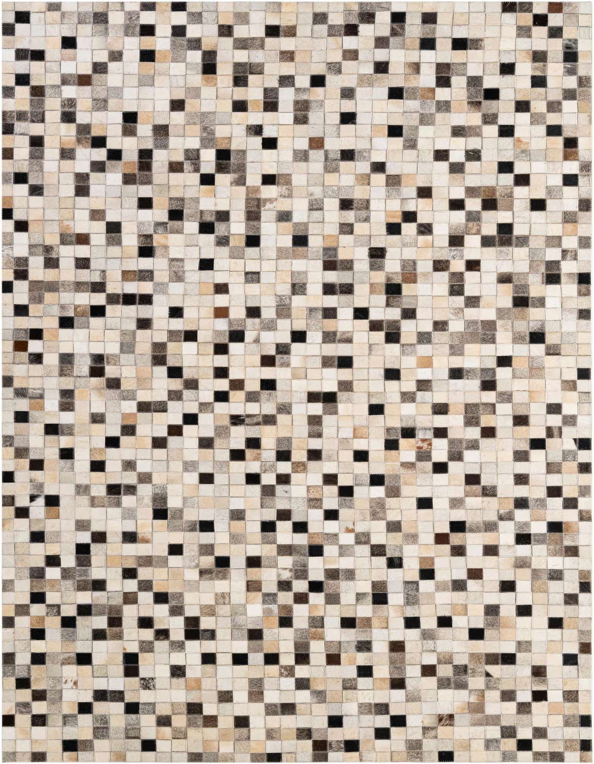 A 5x8 rectangular, multi-colored patchwork cowhide rug, featuring small squares of black, brown, beige, and white, suitable for a modern living room.