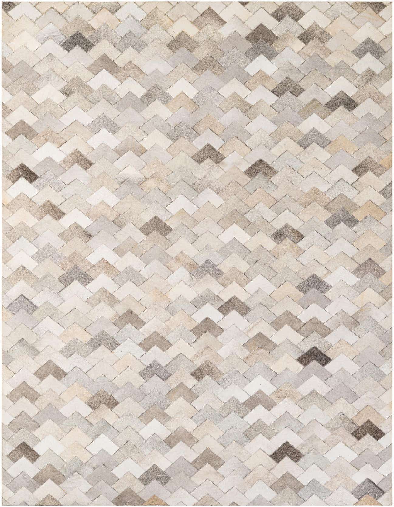A 5x8 rectangular Cowhide - Patchwork rug featuring a modern chevron pattern in various shades of multi-colored natural cowhide.