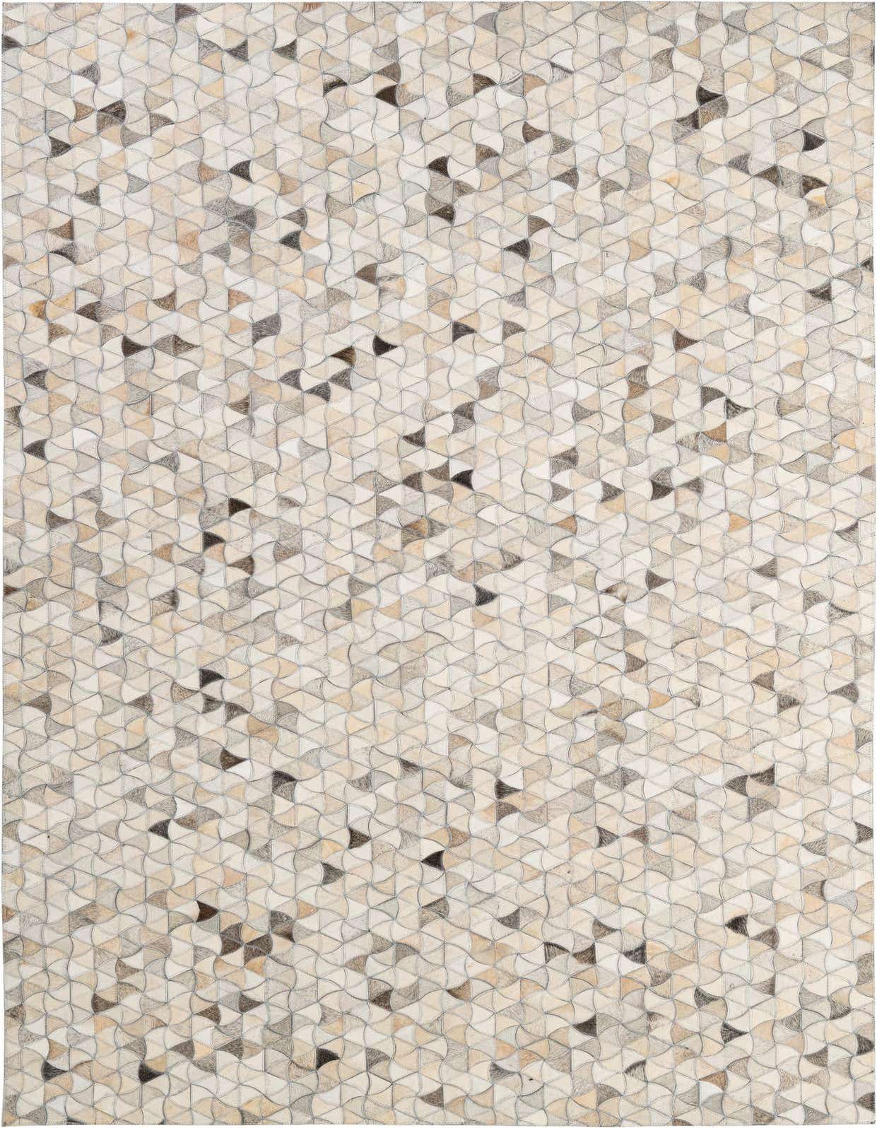 A 5x8 rectangular Cowhide - Patchwork rug featuring a modern geometric pattern in multi-colored natural cowhide and leather.