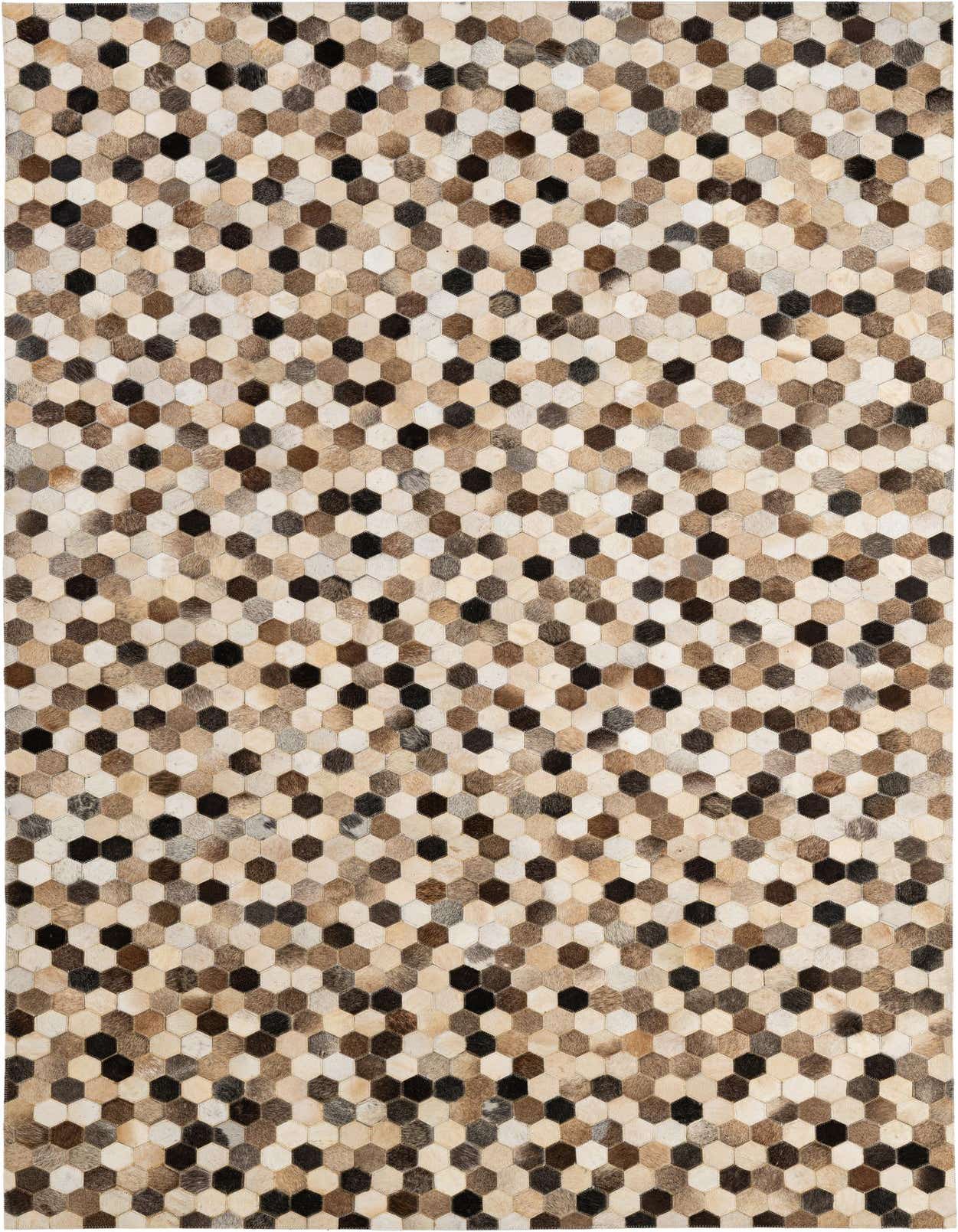 A 5x8 rectangular Cowhide Patchwork rug featuring a modern geometric pattern of multi-colored hexagonal leather and cowhide tiles in shades of brown, black, and cream.