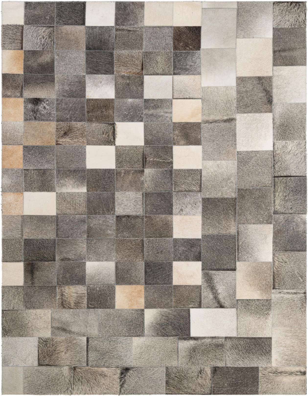A 5x8 rectangular Cowhide Patchwork rug featuring a modern pattern of multi-colored squares in various shades of gray, brown, and cream.
