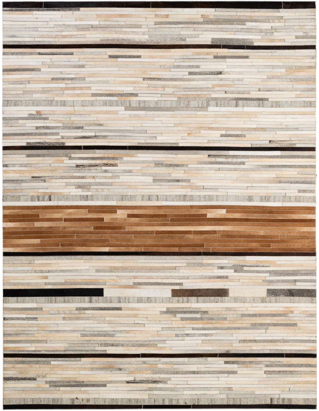 A 5x8 rectangular Cowhide Patchwork rug featuring a modern stripe pattern in multi-colored natural tones, suitable for various indoor rooms.