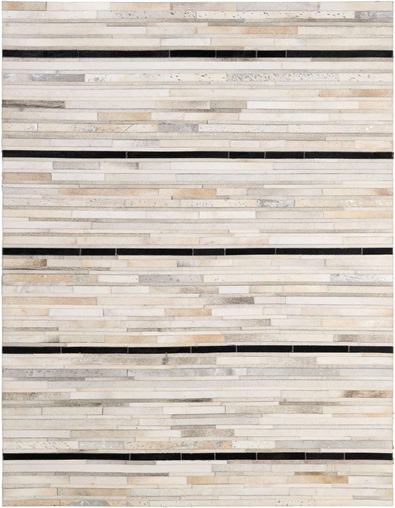 A 5x8 rectangular Cowhide Patchwork rug featuring horizontal stripes of multi-colored natural cowhide with three prominent black leather bands.