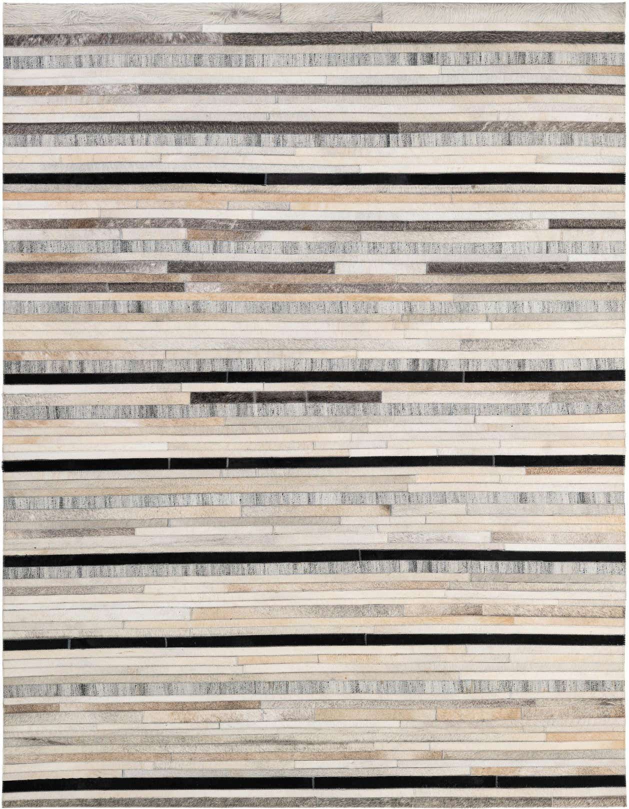 A 5x8 rectangular cowhide rug featuring a modern striped pattern in various shades of grey, beige, black, and cream.