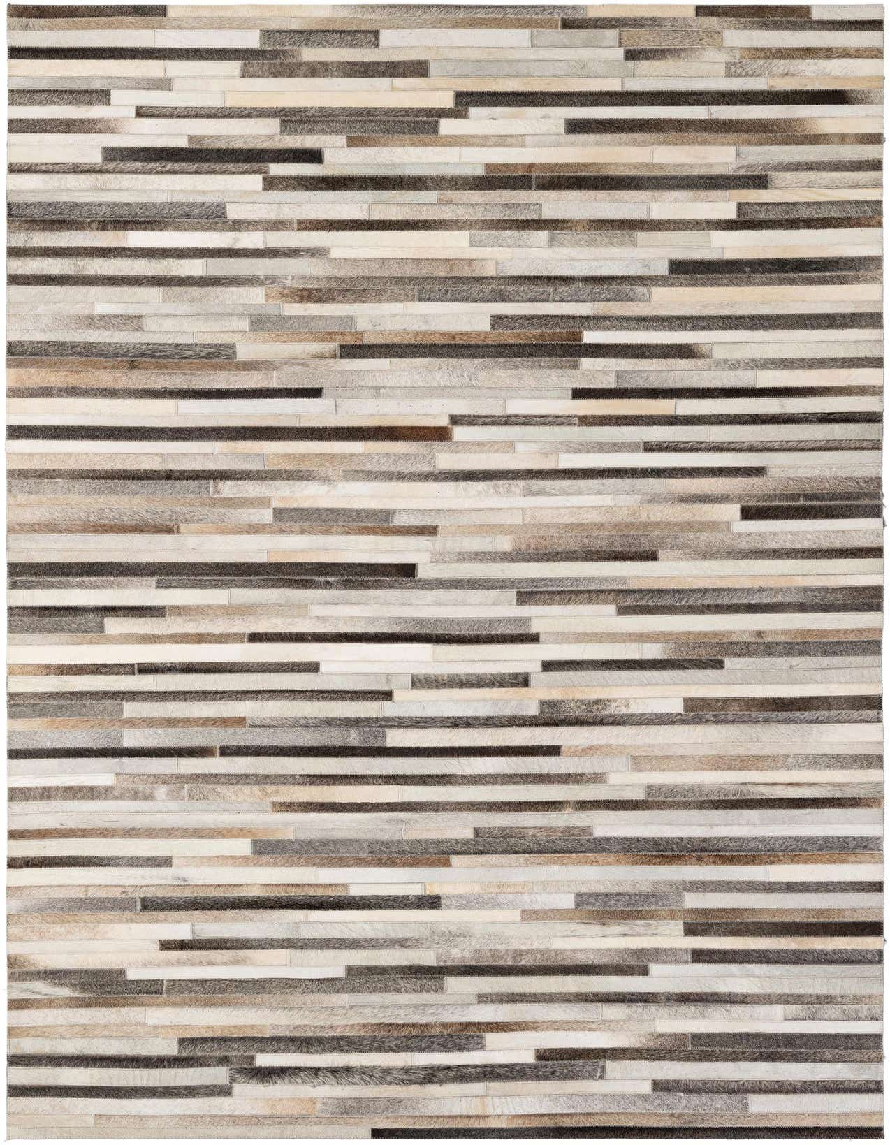 A 5x8 rectangular Cowhide Patchwork rug featuring horizontal strips of multi-colored natural cowhide in varying shades of brown, grey, cream, and black.