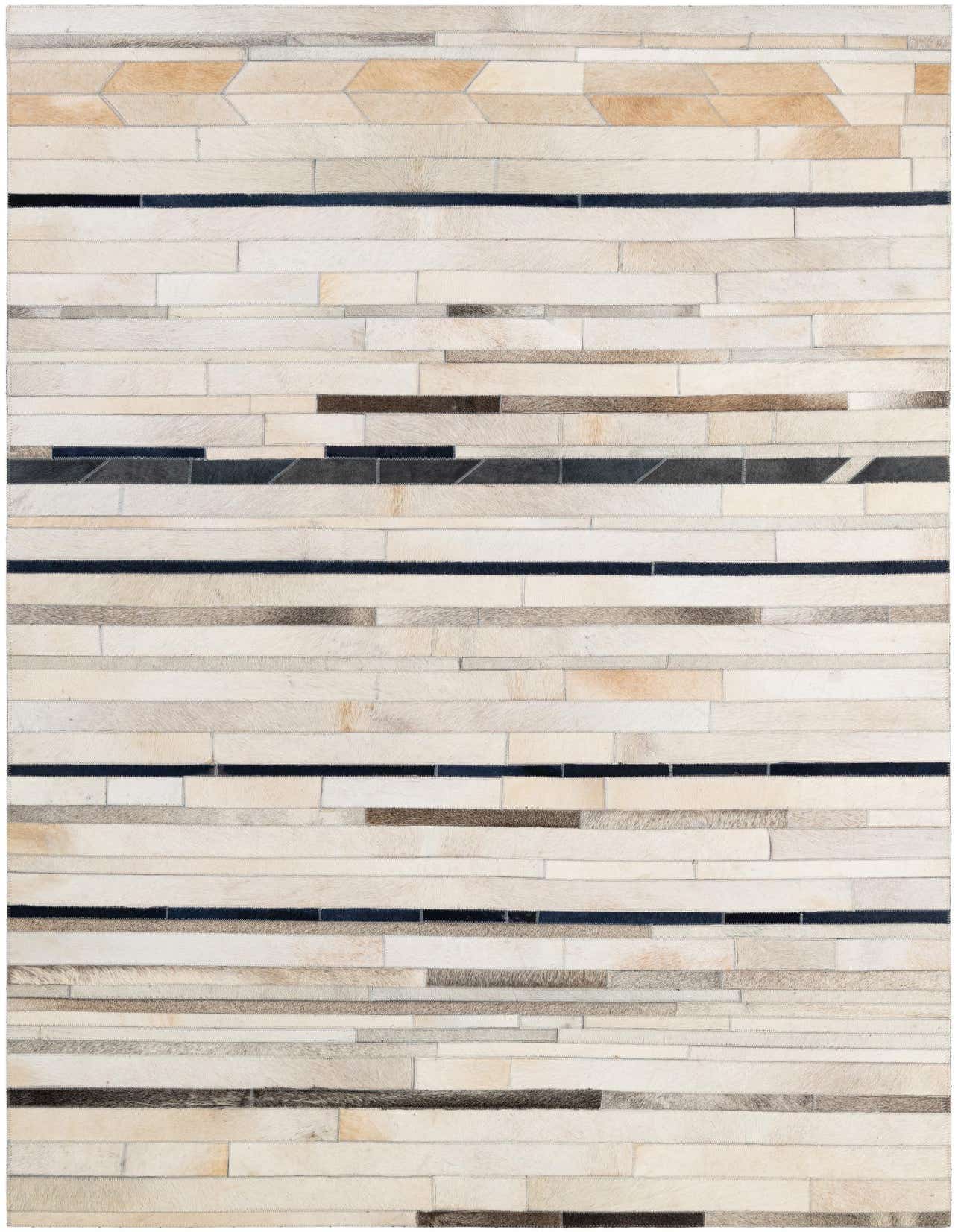 A 5x8 rectangular Cowhide Patchwork rug featuring a modern stripe pattern in multi-colored natural cowhide and leather.