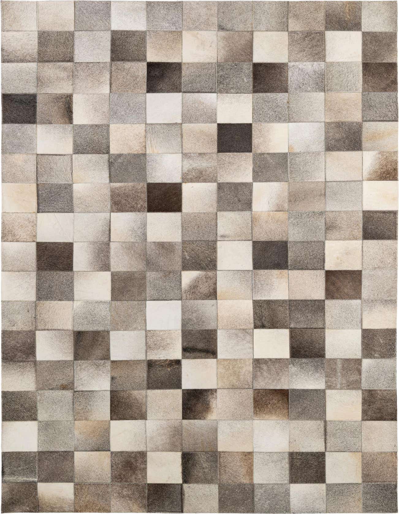 A 5x8 rectangular Cowhide Patchwork rug featuring a modern grid pattern of multi-colored squares in varying shades of brown, grey, and cream.
